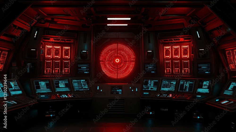 Poster futuristic sci fi control room interior with red lighting and multiple monitors displaying data