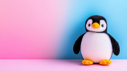 Obraz premium Plush penguin toy against pink and blue background