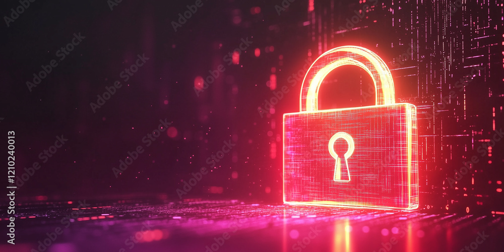 Poster futuristic digital lock in neon glow with vivid data streams creating a sense of security in a cyber
