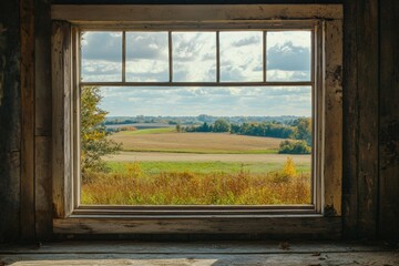A rustic farmhouse window with a view of sprawling fields.