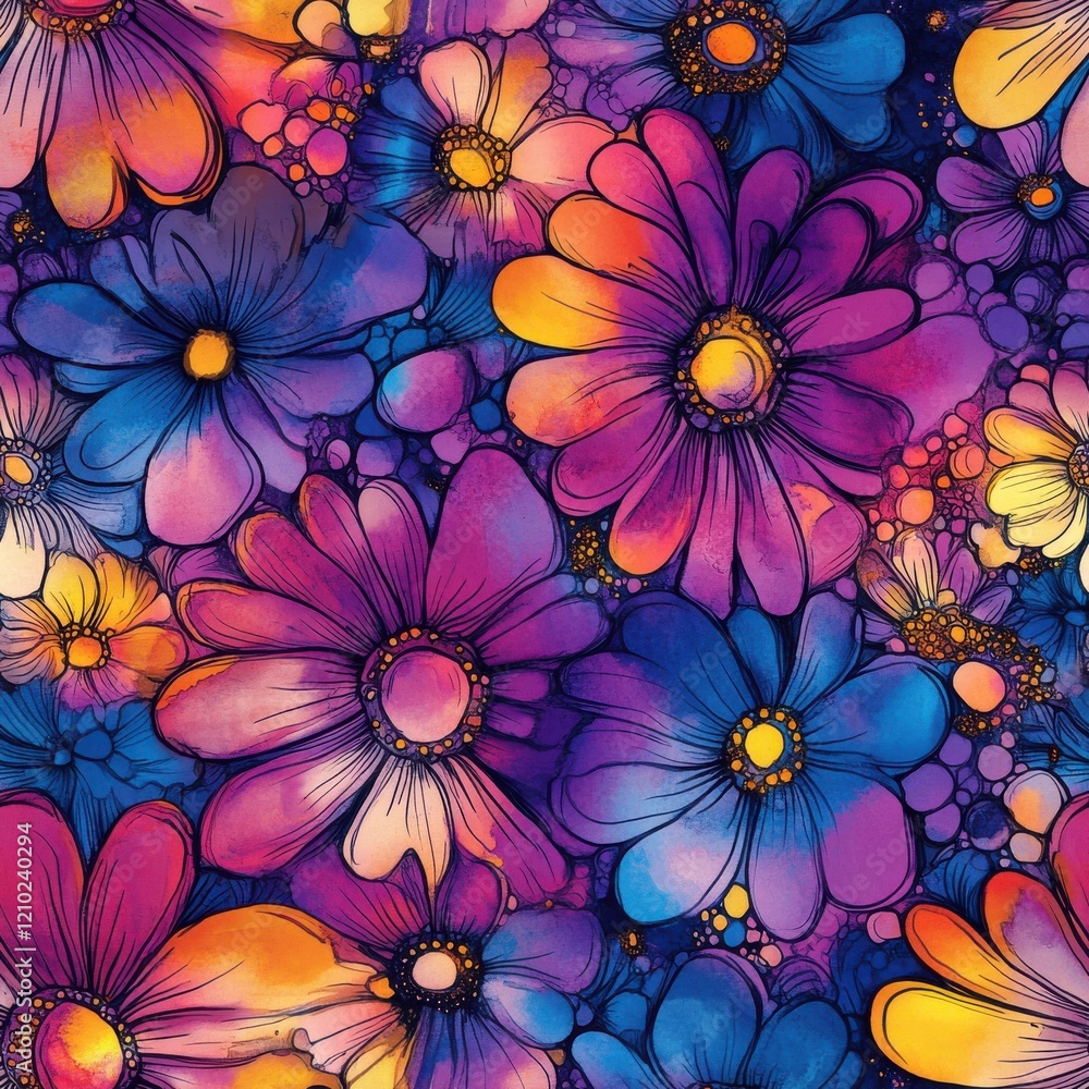 Poster vibrant watercolor doodle of colorful flowers in an abstract pattern showcasing artistic expression