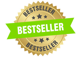 bestseller. bestseller round green and gold label isolated on transparent background