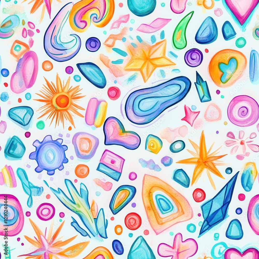 Poster playful watercolor doodles featuring vibrant shapes and patterns in a cheerful arrangement on a ligh