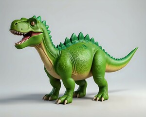 Obraz premium Friendly cartoon dinosaur, green, 3D render, isolated on white background. Perfect for children's books, games, or educational materials.