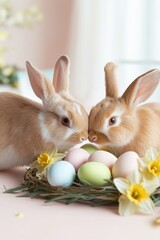Obraz premium Two fluffy rabbits are touching noses near a nest with colorful easter eggs and daffodils, creating a heartwarming easter scene