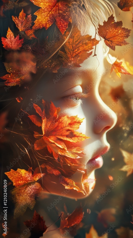Poster mystical glow of a child's face surrounded by autumn leaves in a serene forest setting during golden