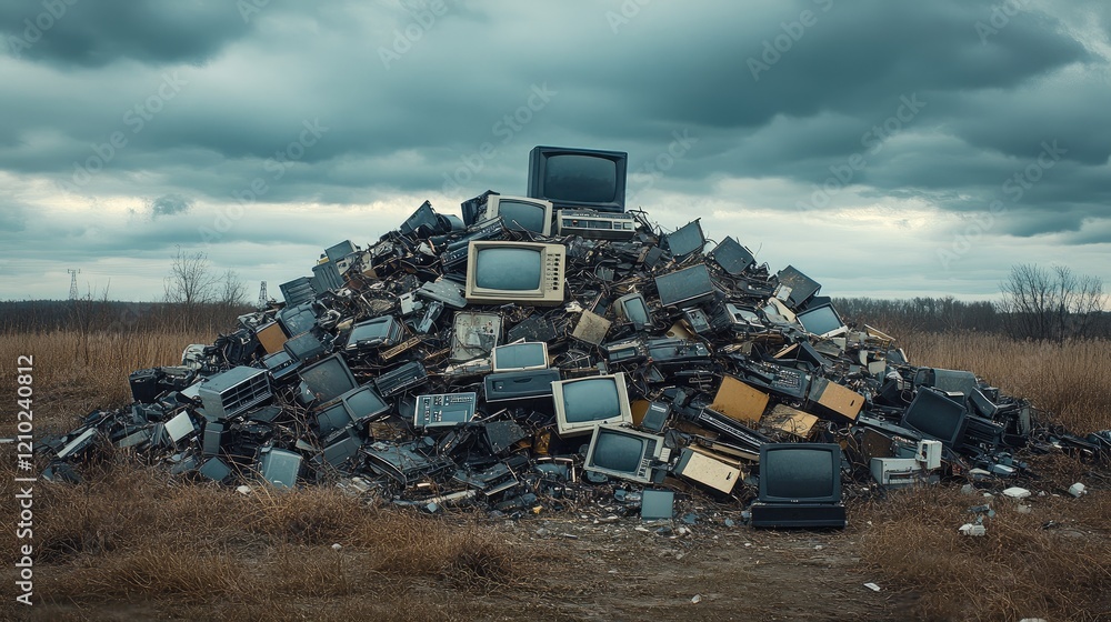 Aufkleber old electronics and gadgets forming a massive pile in an open field, with a somber cloudy sky adding