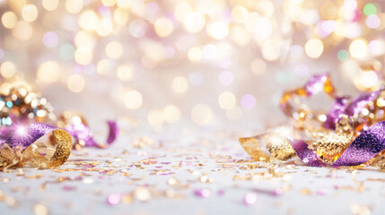 Festive colorful confetti and ribbons with sparkling lights, holiday background