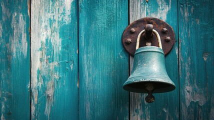 Obraz premium Rustic metal bell hanging on weathered wooden door