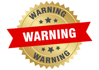 warning. warning round red and gold label isolated on transparent background