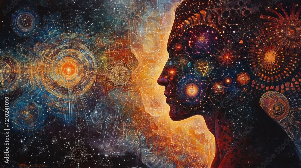 Aufkleber mystical profile of a man filled with celestial patterns and cosmic energy in a vibrant universe