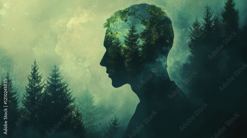 Poster mystical profile of a man filled with trees and clouds in a serene forest landscape at twilight