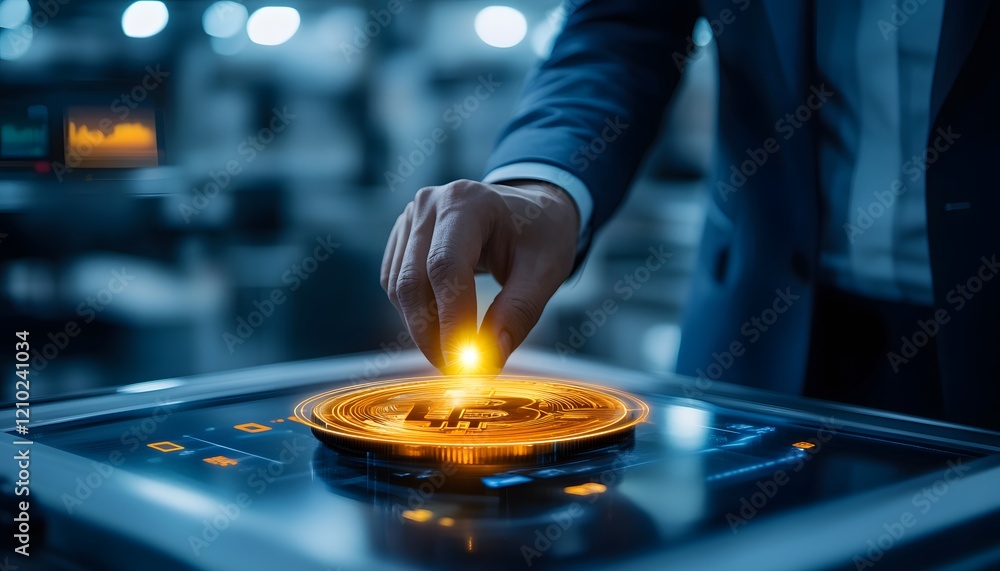 Poster Futuristic Businessman Interacting with Digital Cryptocurrency Display on Advanced Touch Screen Interface in a Modern Office Environment