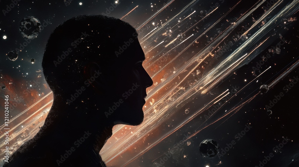 Poster mystical profile of a man filled with cosmic elements, depicting the vastness of space and time in a