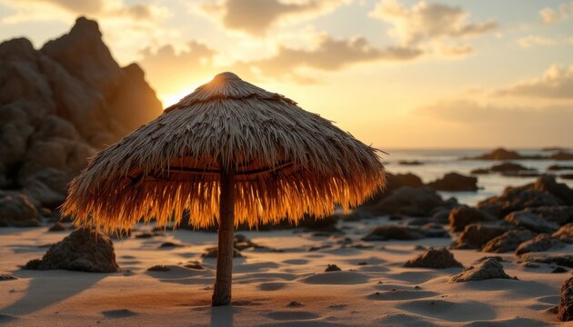 Golden hour view of a straw beach umbrella on a sandy shore with rocky outcrops - Powered by Adobe