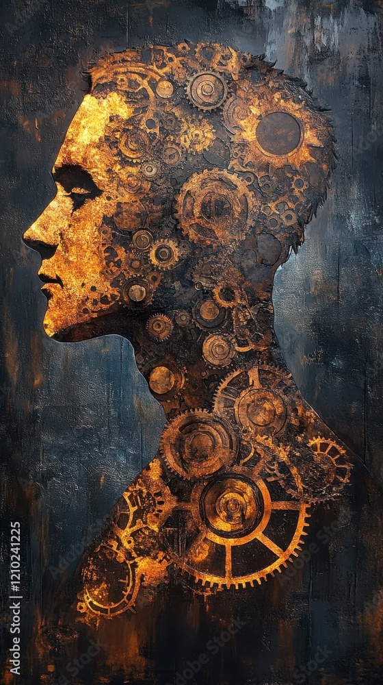 Aufkleber profile of a man intricately filled with gears and mechanical elements, symbolizing a blend of human