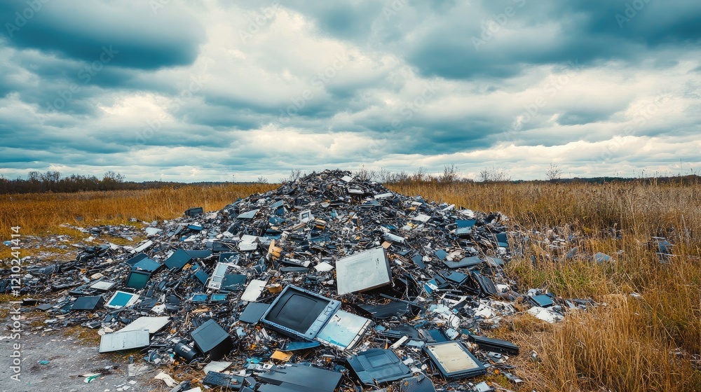 Poster piles of electronic waste covering an open field, with a moody cloudy sky creating a stark environme
