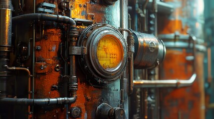 Fototapeta premium Rusty Industrial Machine: Close-up of Weathered Pipes and Metal