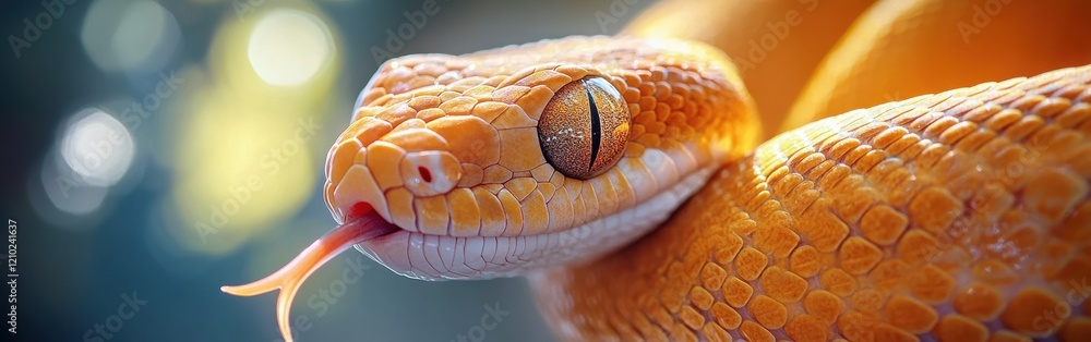 Poster Close-up view of a colorful snake's face showcasing intricate scales and flicking tongue in natural light