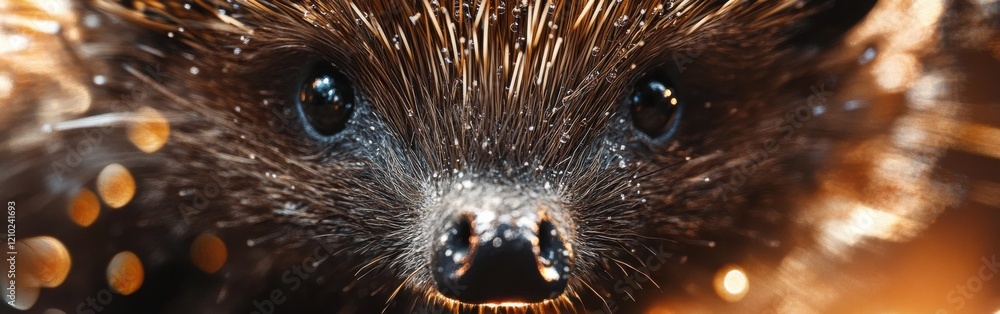 Poster close-up view of a hedgehog's face showcasing its unique features and sharp quills in natural settin