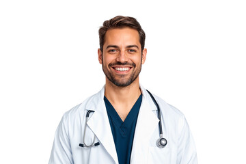 Fototapeta premium Portrait of a professional smiling doctor with stethoscope, handsome man, isolated on transparent background