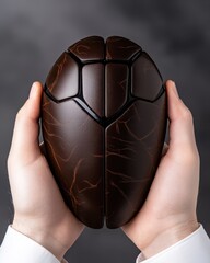 Hands holding a futuristic object resembling a robotic brain or shell.