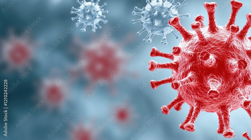 Poster a close-up illustration of virus particles, showcasing their intricate structures with red and blue 
