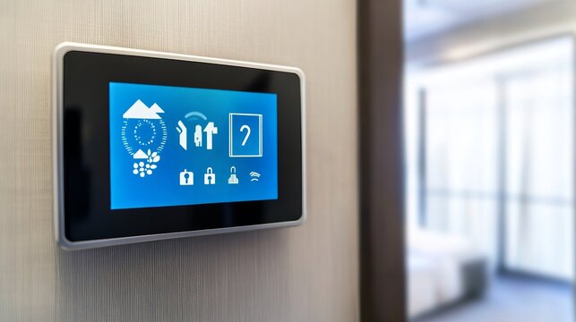 A sleek smart thermostat with a focus on its touch screen interface, clean wall setting with minimalistic decor, Modern style