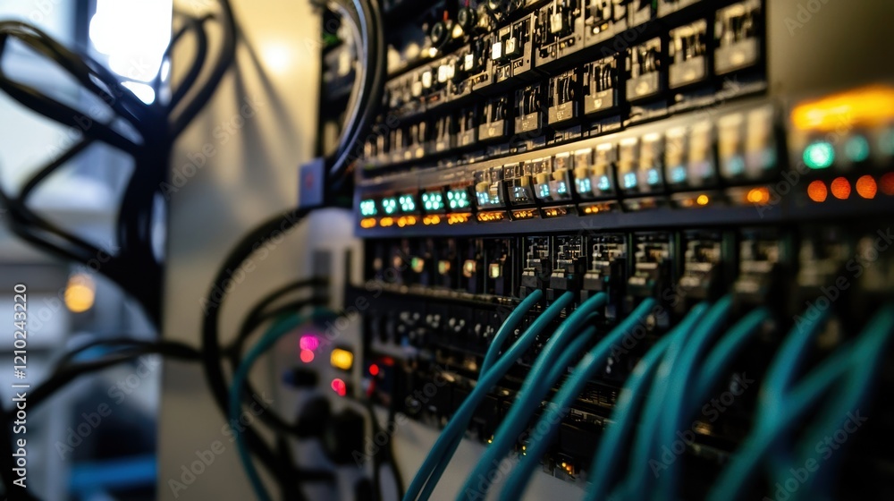 Poster close up of a network server rack with numerous ethernet cables and flashing lights, showcasing the 