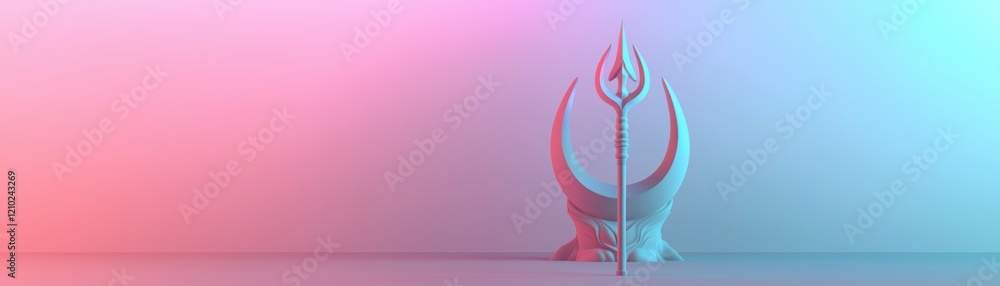 Poster a minimalist design featuring a stylized fork-like object against a gradient background of pink and 