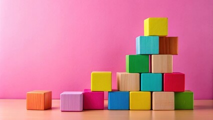 Obraz premium Colorful Wooden Blocks Arranged in an Ascending Pyramid Shape Against a Pink Background