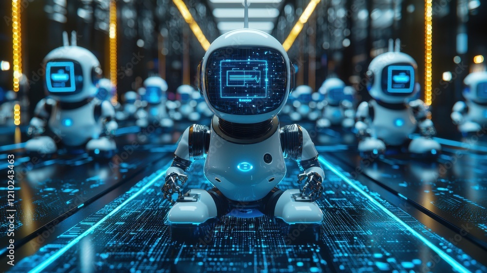 Aufkleber a futuristic scene featuring small robots with screens, set against a digital backdrop filled with g