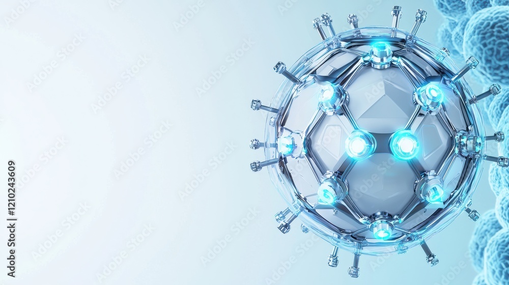 Poster a digital representation of a virus structure, showcasing intricate details and glowing elements aga