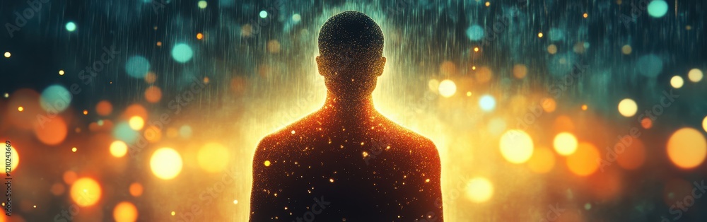 Poster Man glowing in a vibrant aura amidst cascading rain and colorful bokeh lights at twilight