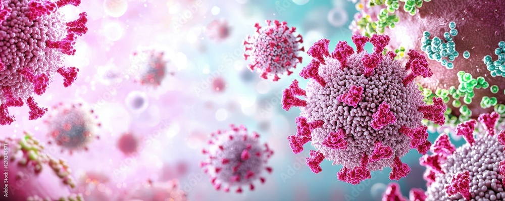 Poster a vibrant microscopic view of viruses, showcasing unique structures and colors, highlighting the com