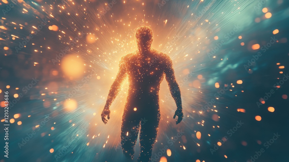 Aufkleber conceptual image of a glowing man embodying energy and light in a surreal atmosphere