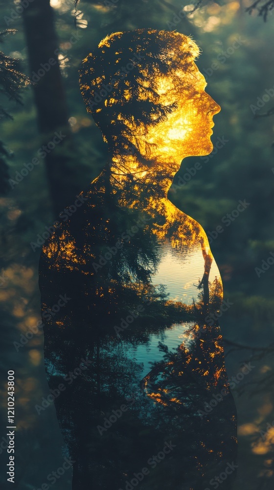 Poster man glowing with nature in a serene forest at sunset creating a beautiful double exposure effect
