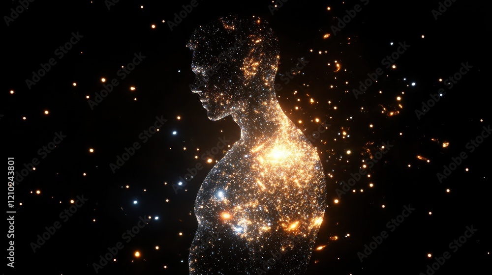 Poster man surrounded by cosmic energy, glowing with vibrant light in a dark space representing creation an