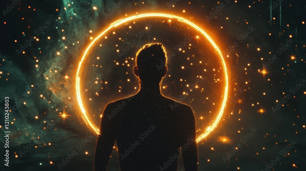 Poster man surrounded by glowing aura in a mystical environment with shimmering particles