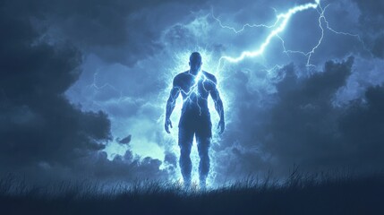 Man radiates energy amidst a dramatic stormy sky illuminated by lightning