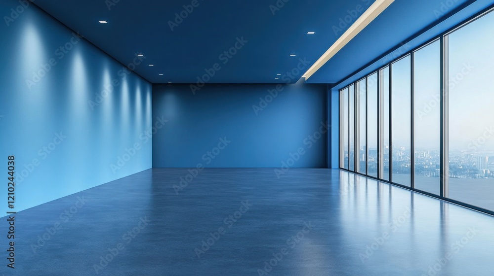 Poster a room with a large window and a view of a city
