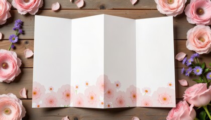 Elegant tri-fold wedding program mockup on rustic wood, romance