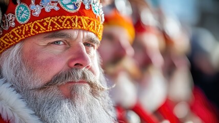 Elderly Caucasian man in ornate red winter clothing with long white beard and jeweled headdress