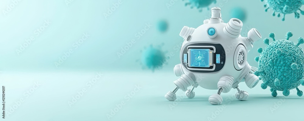 Poster a futuristic device resembling a virus, featuring a digital display and surrounded by stylized virus