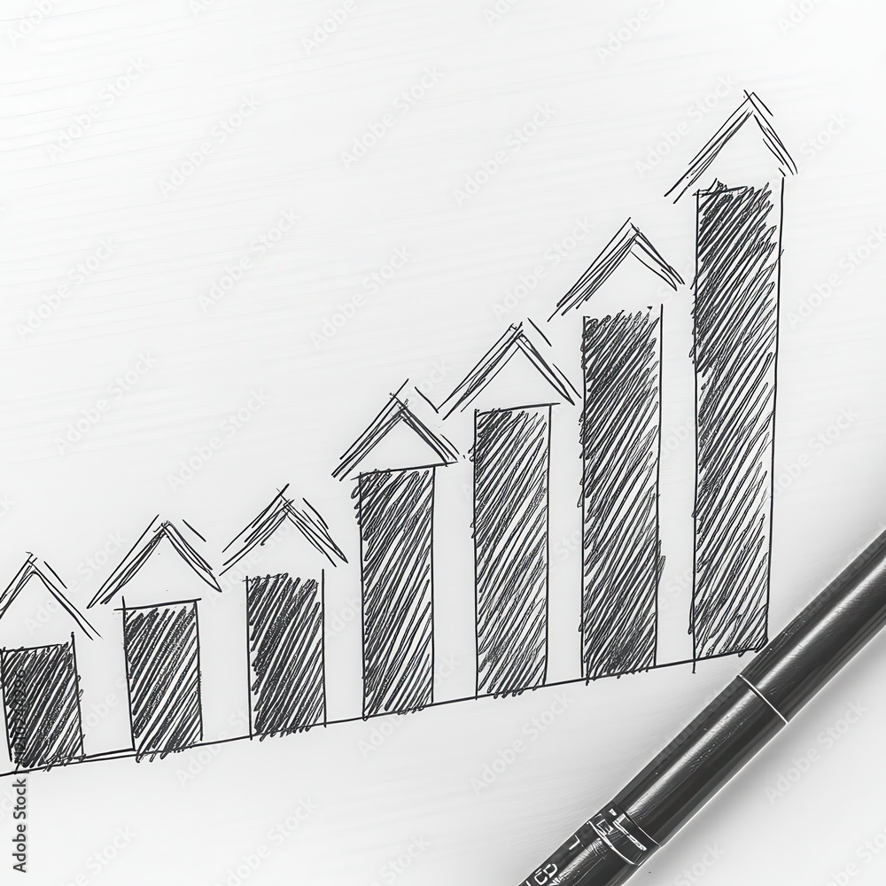 Aufkleber chart illustrating growth trend with upward arrows and a pen for analysis in a business setting