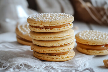 Caramel sandwich cookies on the table