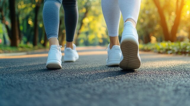 Two people walking on paved path in park