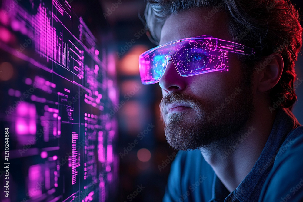 Poster man wearing futuristic augmented reality glasses with glowing pink digital interface in a high-tech 