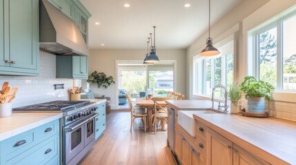 Bright kitchen featuring soft pastel cabinetry with modern appliances and a spacious dining area for family gatherings