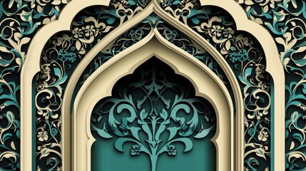 Obraz premium Intricate Islamic Arabesque Archway Design Teal and Beige Floral Pattern